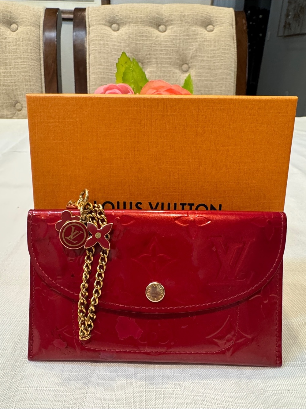 Louis Vuitton Red Vernis Clutch with Gold Chain and Charm